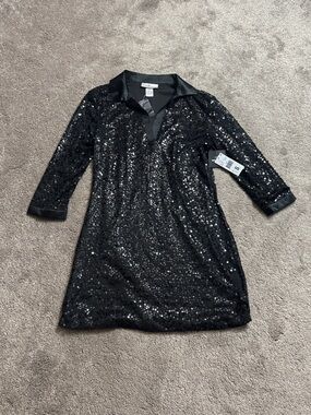 Once Again Black Sequin Shirt Dress Collared 3/4 Sleeve Party NWT SIZE S